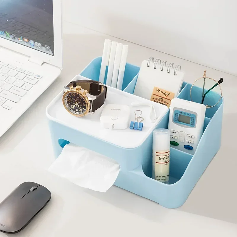 Multifunctional Tissue Box Cover with Remote Control Holder Stationery Case Home Bathroom Bedroom Desktop Cosmetic Organizer