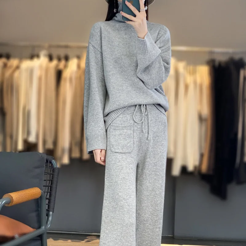 Women\'s Suit 23 Fall-Winter New 100% Merino Wool Turtleneck Pullover Fashion High Waist Wide Leg Pants Knit Two Piece Large Size