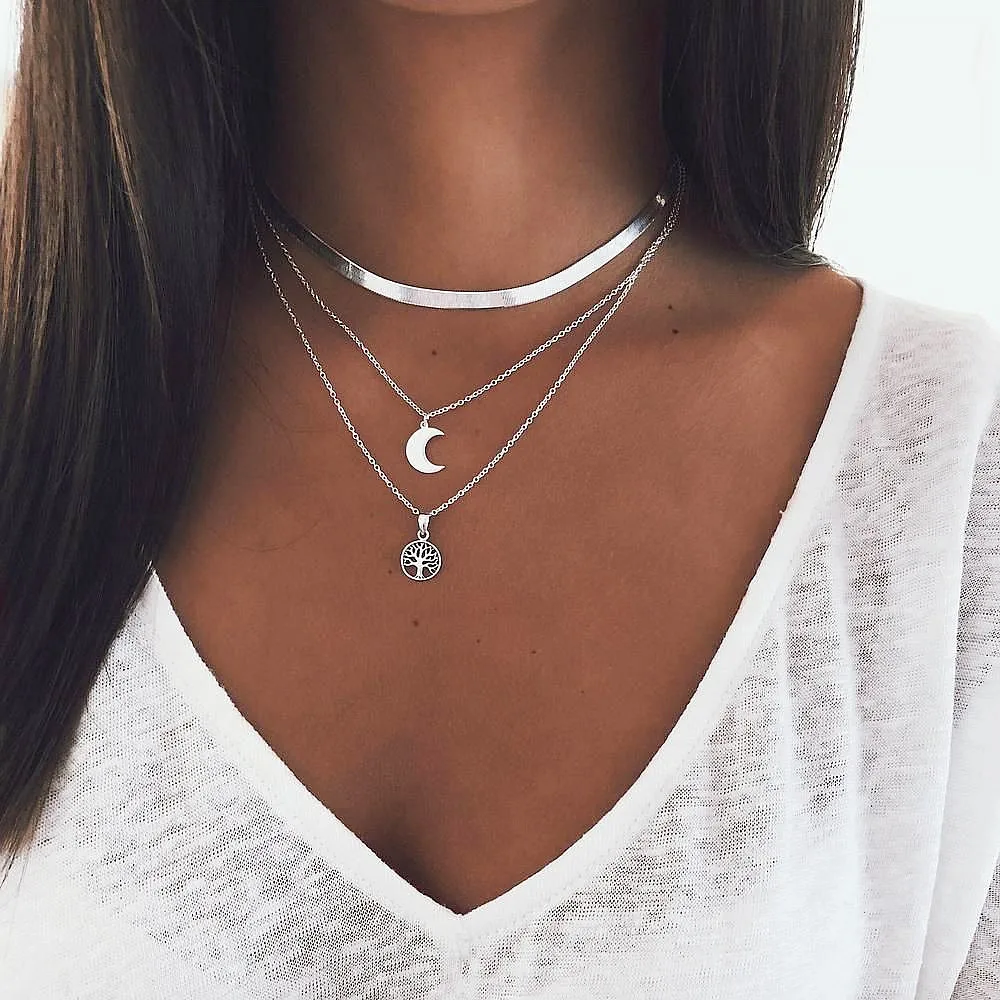 925 Sterling Silver Bohemian Snake Bone Blade Chain Multi Layer Necklace Nightclubs Geometric Life Tree Moon Pendant Jewelry