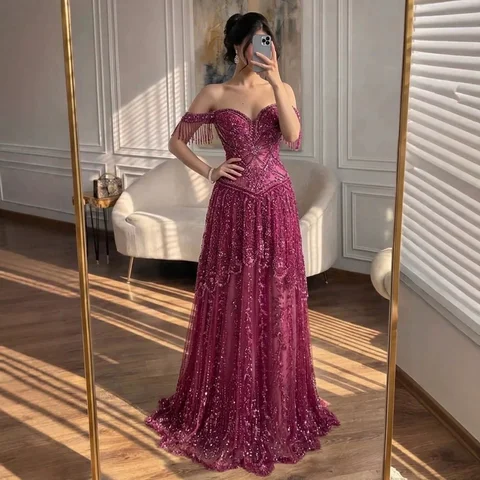 Robe de soirée de luxe Serene Hill 2026 fuchsia, style arabe, ornée de perles, coupe trapèze, avec pompons, pour mariage ou soirée formelle LA73594, personnalisable