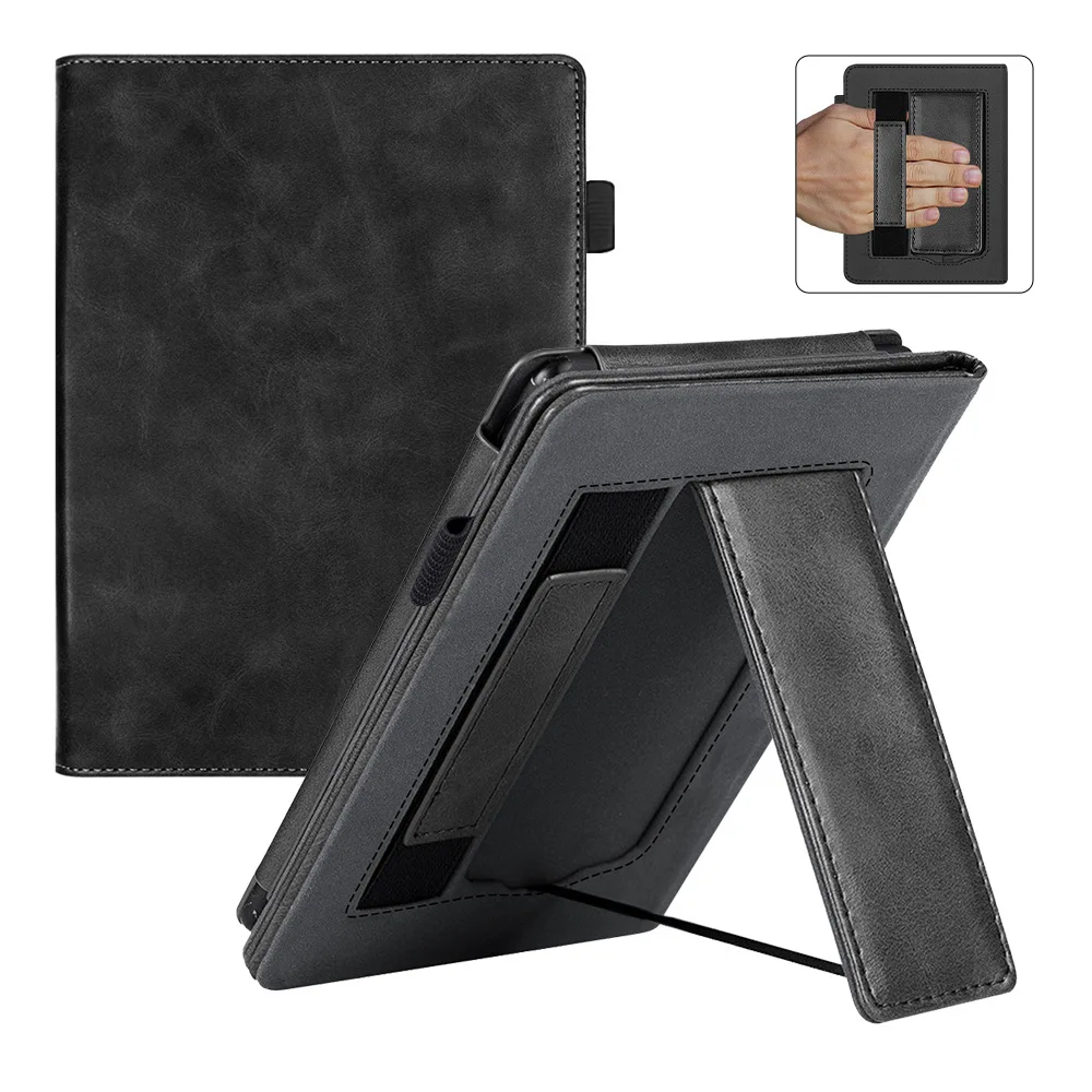 For Kobo Clara Colour / Clara BW Case Kickstand PU Leather E-Reader Cover with Hand Strap - Black