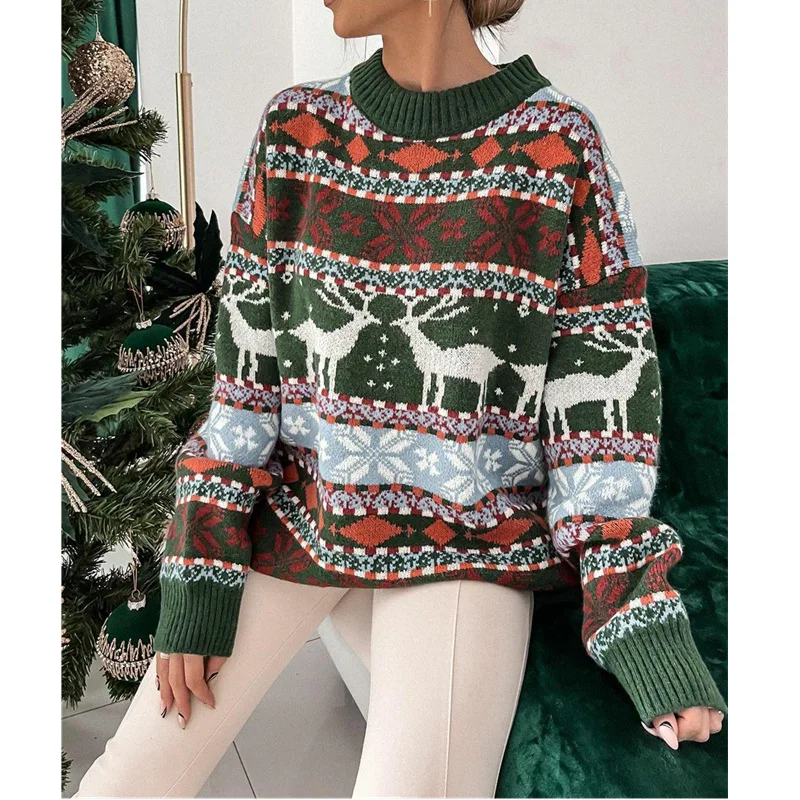 2024 New Winter Christmas Sweater for Women Jacquard Knitted Long Sleeve Warm Deer Print Pullover Tops Knitwear свитер