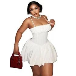 Women's Sleeveless Halter Pleated Mini Bud Dress, Waistband Slim, Solid Color, Sexy