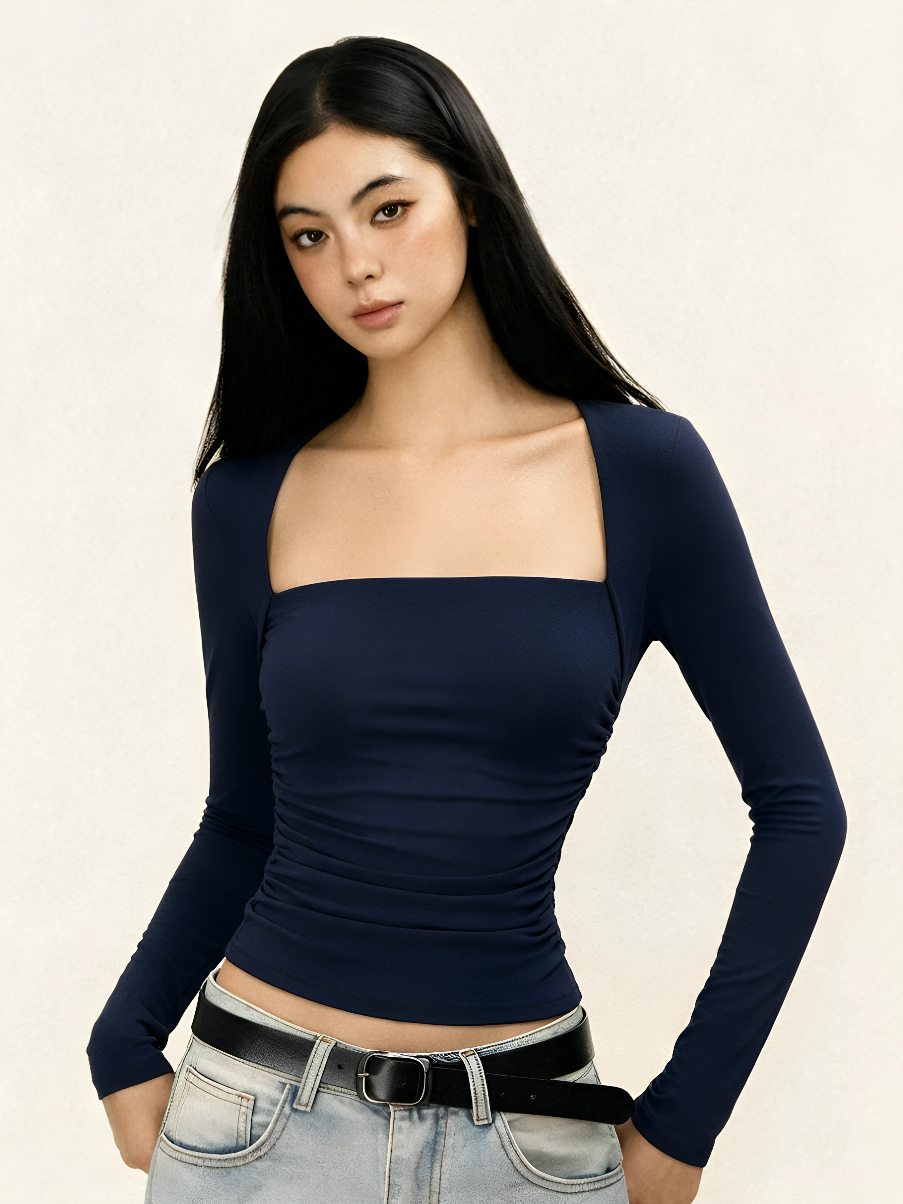 Spring Autumn 2026 Women's Slim Fit Long Sleeve T-Shirt Square Collar Base Shirt Sexy Shoulder Level Top Commute Style Korean...