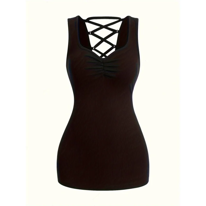 

Women's Sleeveless Top with Crisscross Back and Ruched Waist - Solid Color, Polyester, Washable