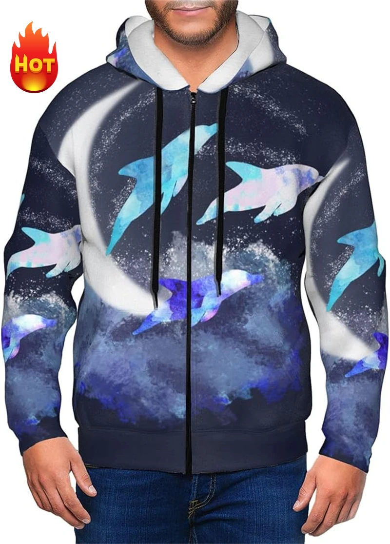 Men Zip Ip Hoodies Dolphin Animal Printed Pullover Men's Casual Hoodie Spring Autumn Hoody Clothing Vintage Men's Sweatshirt