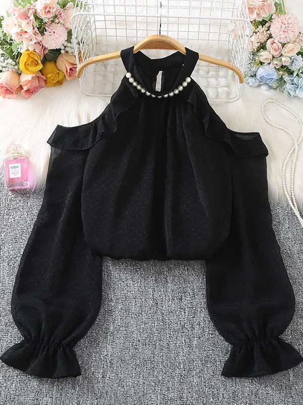 

Gentle Style Women's Long Sleeve Chiffon Shirt Neckline Hollow out Shoulder Bead Pendant Hanging Neck Spring New Arrival 2025