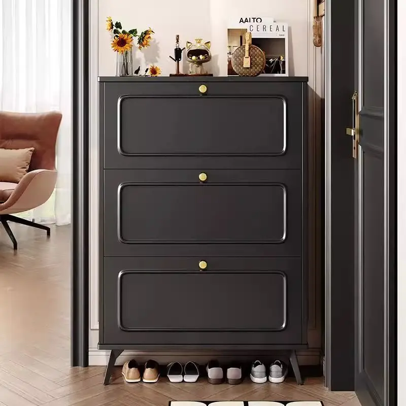 

Black solid wood shoe cabinet, outer corridor entrance, indoor extremely tipping bucket entry storage cabinet integrated