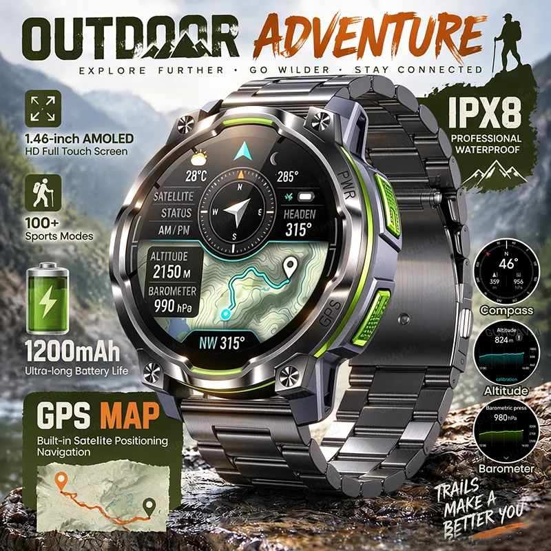 New Outdoor Adventure Men Smart Watch GPS Compass 1200mAh Battery IPX8 Waterproof 1.46”AMOLED HD Bluetooth Call Sport Smartwatch