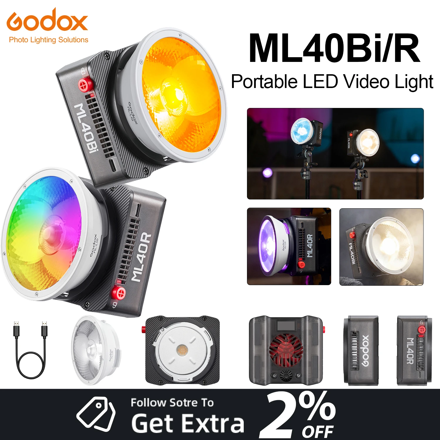 

NEW GODOX ML40Bi ML40R Portable LED Video Light Full-color RGB Fill Light 2800K-6500K Bi-Color Video Light For Studio TK Vlog