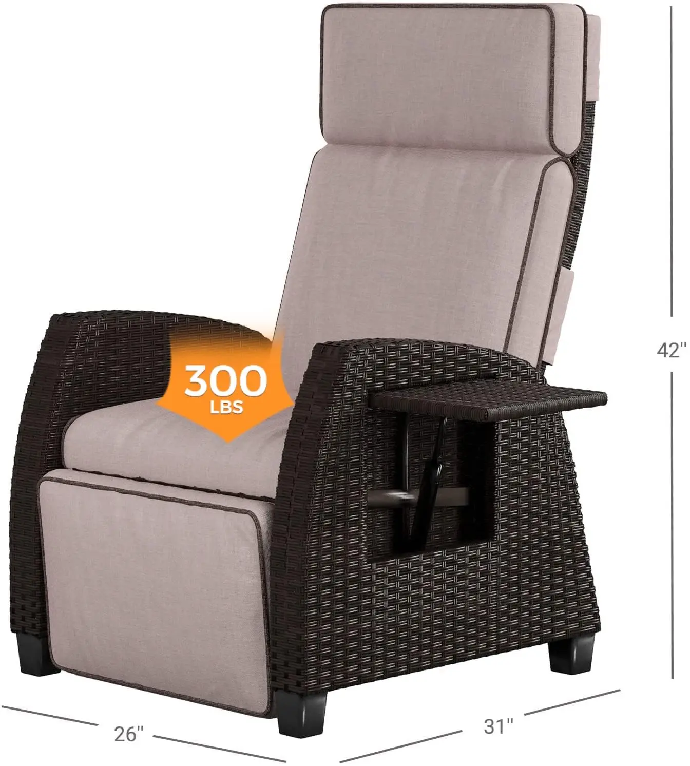 Indoor & Outdoor Recliner With All-Weather Wicker, Beige Cushion And Integrated Side Table, Mocha Brown