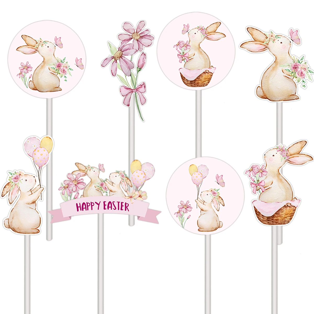 16Pcs Balloon Rabbit Toppers Easter Bunny Pink Flower Topper For Happy Easter Party DIY Cake Decorations Kids Gifts Supplies