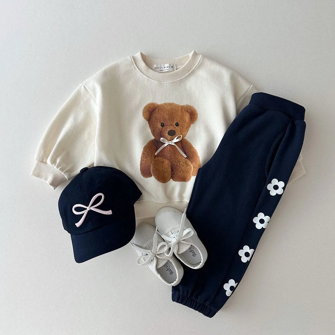 

2024 Spring New Baby Girl Cute Bear Print Bow Sweatshirt Cotton Infant Long Sleeve Loose Tops Kids Girls Casual Pullover Clothes