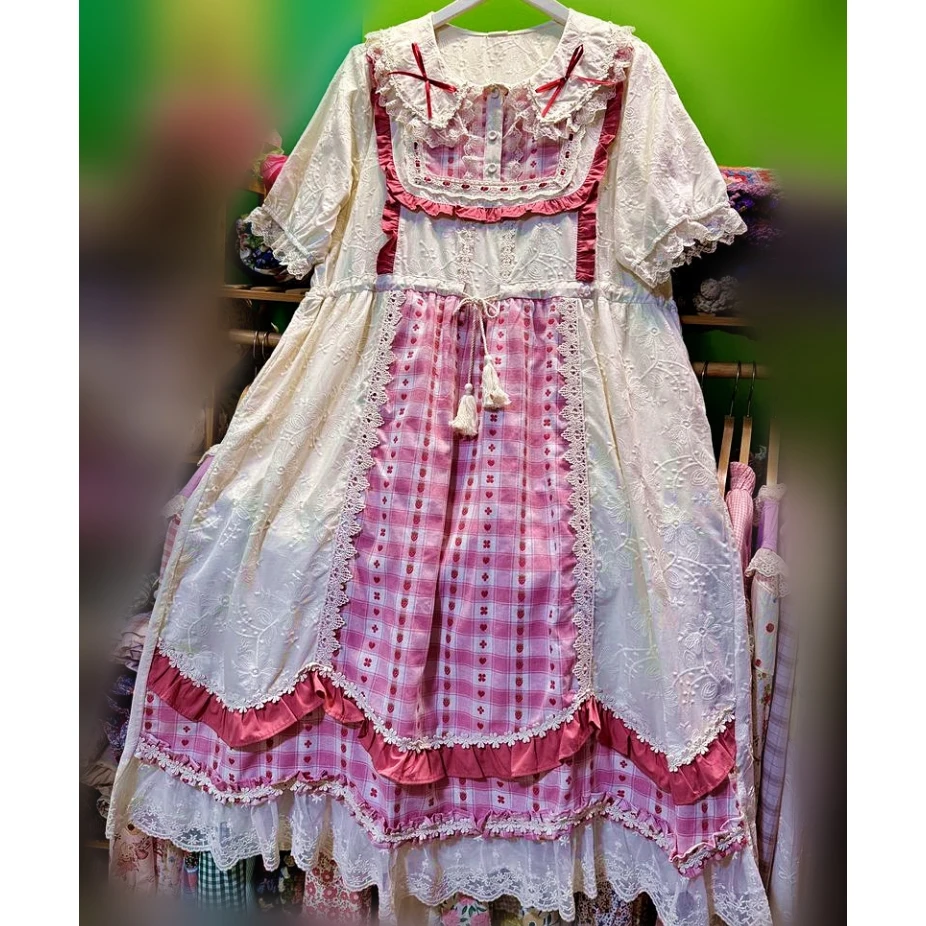 

Women Sweet Strawberry Ruffled Lace Patchwork Plaid Summer Midi Dress Vintage Mori Girl Cottage Core Lolita Kawaii Long Dress