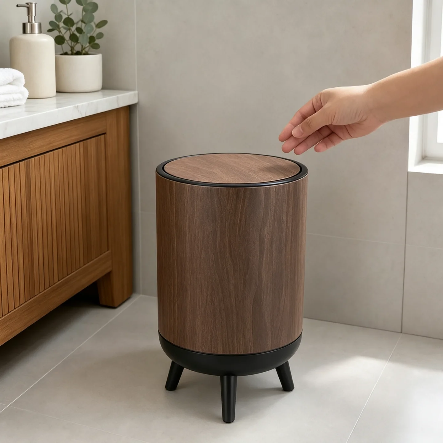 Mid‑Century Modern Swing‑Lid Waste Bin, Decorative Round Garbage Can with Elevated Legs & Removable Inner Bucket for Home Bathroom Bedroom