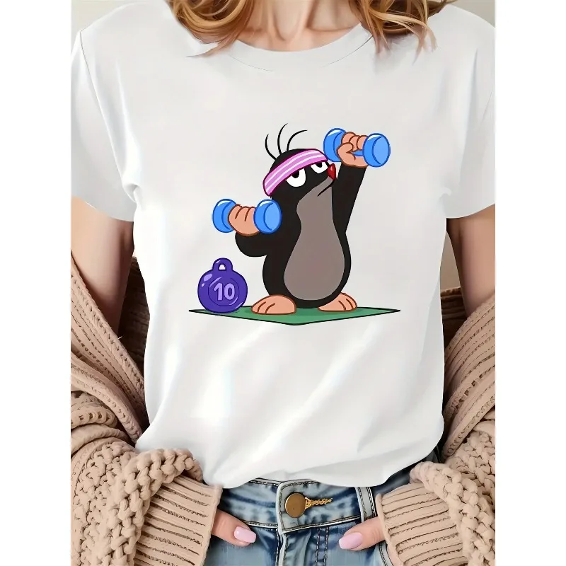 

Mole Patterned Printed Women's T-shirt Self Discipline Fitness Short Sleeved Round Neck Women's Casual T-shirt Summer Clothing