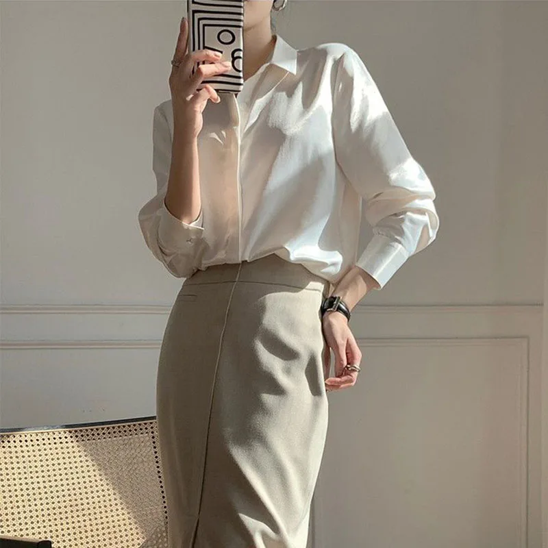 Lucyever White Imitation Satin Shirts for Women Korean Elegant Turndown Collar Silk Office Lady Blouse Solid Buttons Up Shirt