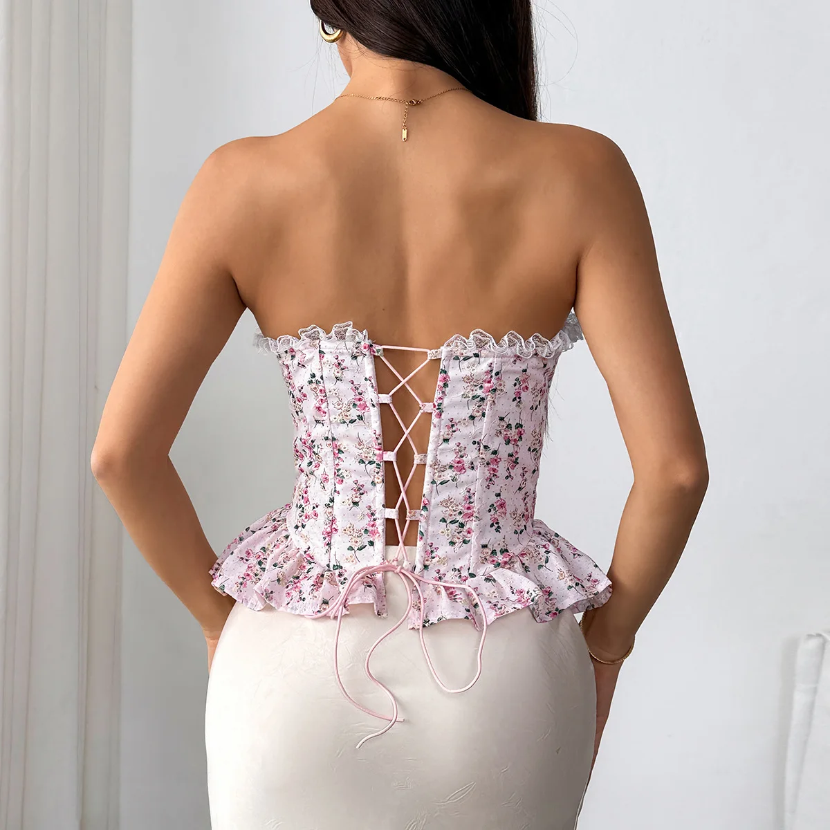 Women's Sweet Floral Strapless Corset Bustier Top Steel Boning Lace Trim Tie Back Body Shaper Cute Outfit Party Wear Cottagecore view 4