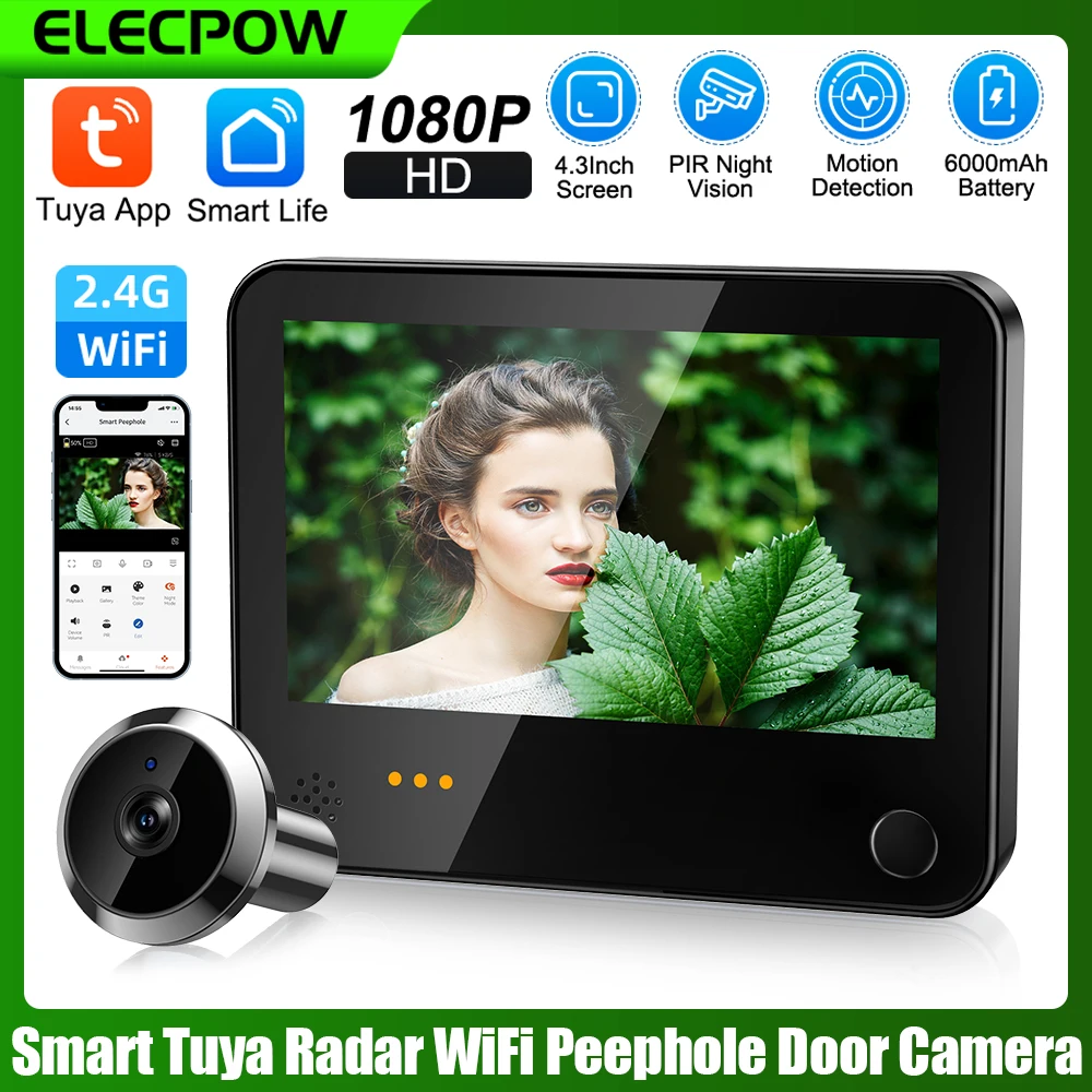 Elecpow Tuya Wifi Peephole Camera 1080P Smart PIR Night Vision Radar Motion Detection Door Camera Built-in 6000 Lithium Battery