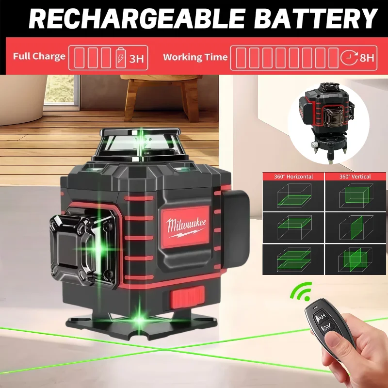 Milwaukee 4 Sides*360 Degree Vertical  Laser Level Green Beam 16 Lines Self-leveling Vertical Cross Line Lase Tool
