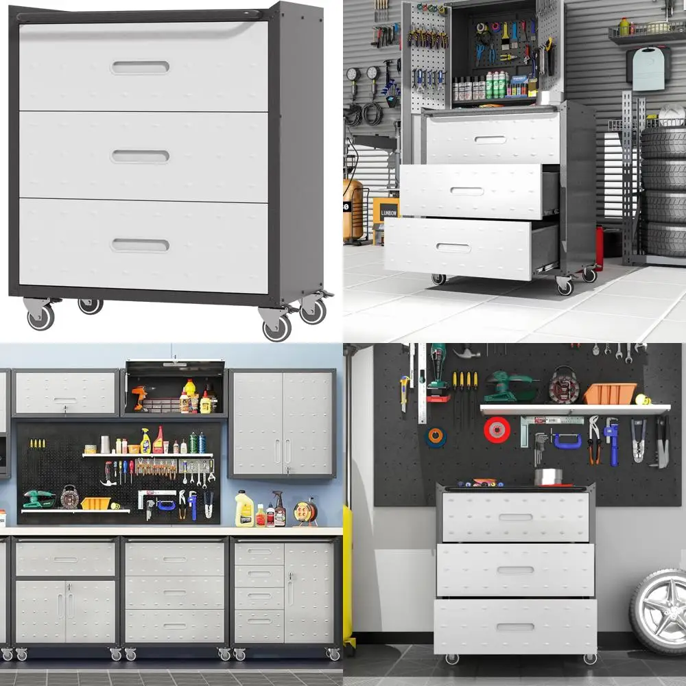 خزانة أدوات فولاذية متنقلة شديدة التحمل وقابلة للقفل مع 3 أدراج لتخزين وتنظيم المرآب