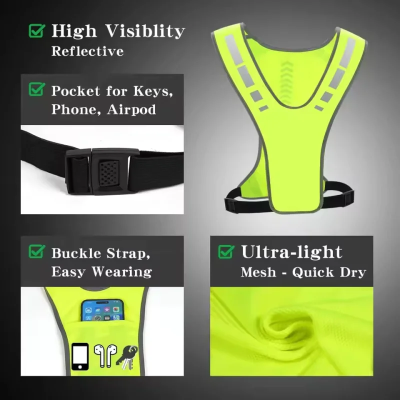 Breathable Fluorescent Mesh Vest High Visibility Running Vest Lightweight Adjustable for Men Women Outdoor Night Riding Portable