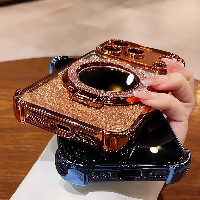 Luxury Glitter Bracket Stand Case for iPhone 17 16 15 14 Pro Max Plus 12 13 Air Mirror Ring Holder Make Up Bling Gradient Cover