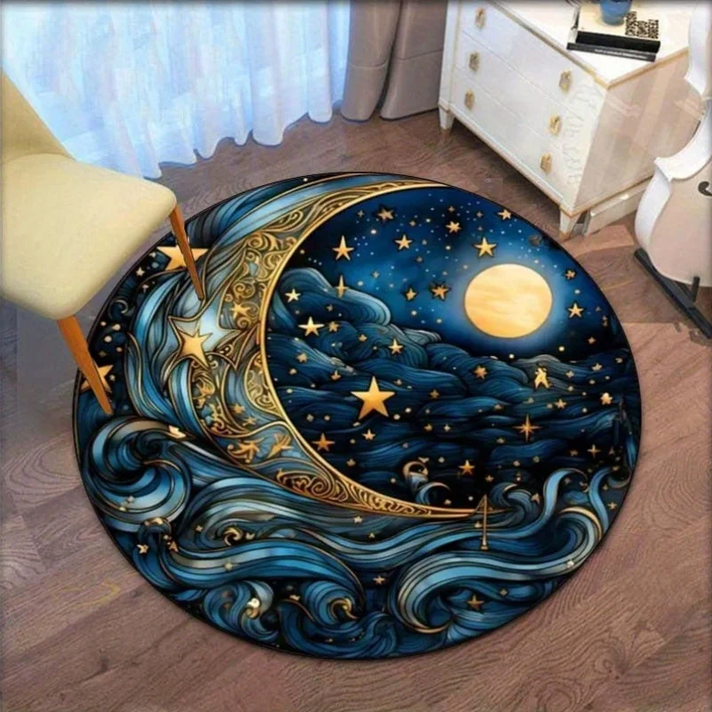 

Crystal velvet carpet[Artistic Flair] Magical Sun and Moon Round Doormat - Blue 2D Flat Print, Ideal for Living Room or Bedroom,