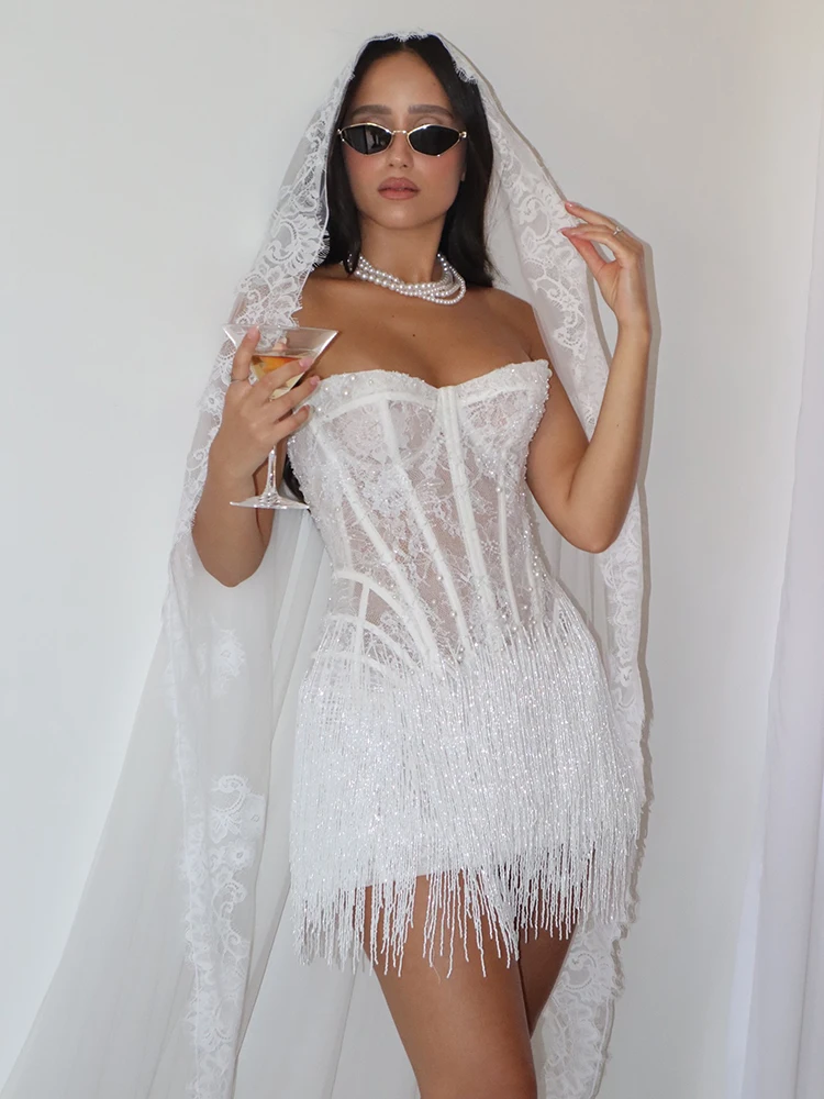 Mini abito con corsetto senza spalline – Abito da cocktail aderente da donna per discoteca, bustier in pizzo, abiti corti per eventi serali