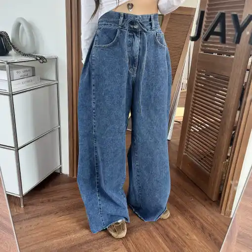 

SML 2Colors 2026 Spring Autumn women High Waist Wide Leg jeans streetwear trousers Side Pleated Blue denim pants womens(XHN66703