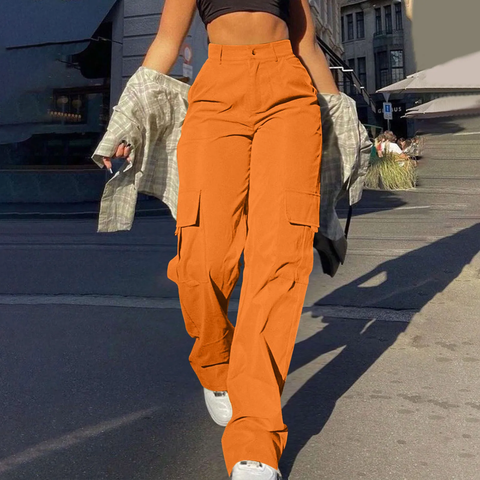 Multi-Pocket High Waist Cargo Pants Women's Loose Straight Slim Trousers