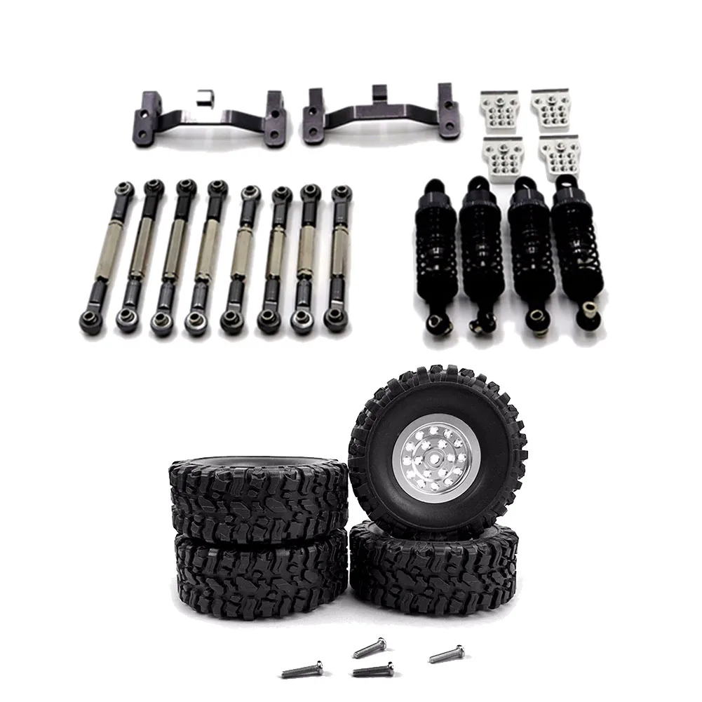 ABWE-2 Set RC Car Part: 1 Set Metal Pull Rod Tie Rod Pull Rod Base Shock Absorber & 1 Set Metal Wheel Rim Tyre Tires Set