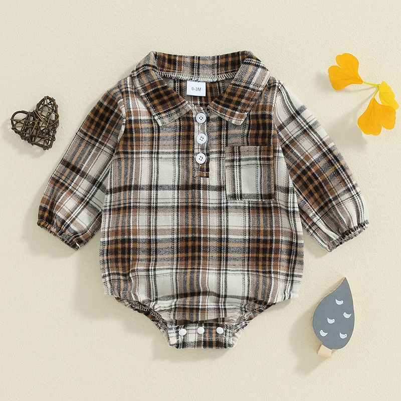 Baby Clothing Boy Christmas Plaid Romper Pocket Lapel Neck Long Sleeve Front Single-breasted Jumpsuit For Newbron Xmas Clothes