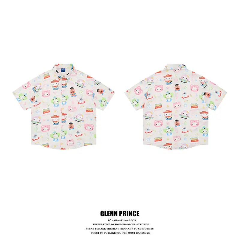 BEIANJI men clothing 2025 new fun kt cat full print short-sleeved shirt unisex summer cute niche casual loose flower mens shirt