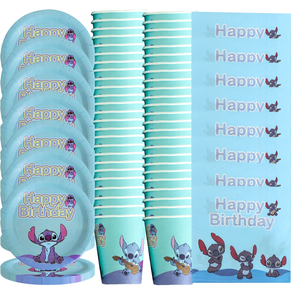 

60pcs Blue Stitch Disposable Tableware Set Boy Kids Favors Birthday Party Decoration Paper Plates Cup Napkins Tablecloth