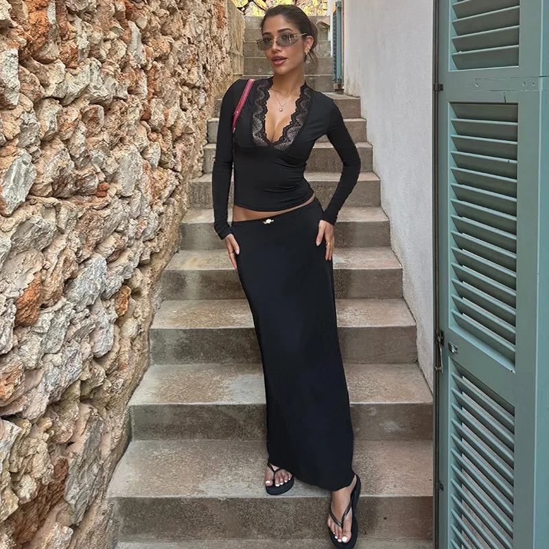 

Tuularose Fashion Lace Dress Set Black Sexy V-Neck Lace Top Fitted Maxi Skirt Sets Elegant Vintage Party Women's New Dress Sets