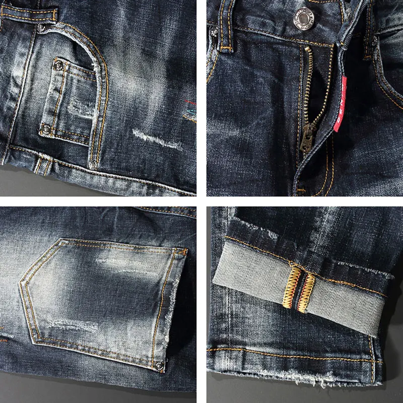 Street Fashion Men Jeans Retro Black Blue Elastic Skinny Ripped Jeans Men Spliced Designer Embroidery Hip Hop Biker Pants Hombre