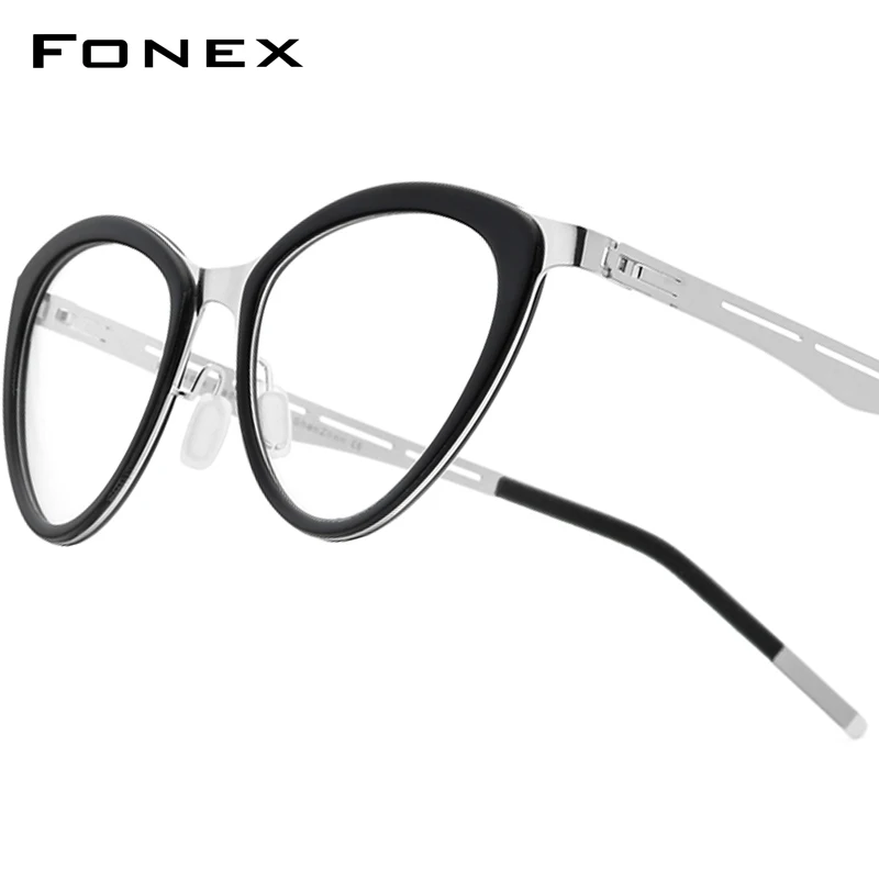 

FONEX Acetate Alloy Glasses Frame Women Fashion Brand Design Cat Eye Eyeglasses Cateye Screwless Germany Japanese Eyewear 1008