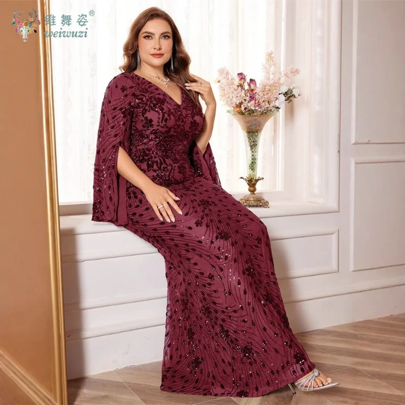 가을 고급 이브닝 드레스 슬릿 롱 슬리브 플러스 사이즈 슬리밍 기질 시퀸 자수 피쉬테일 스커트 이브닝 가운