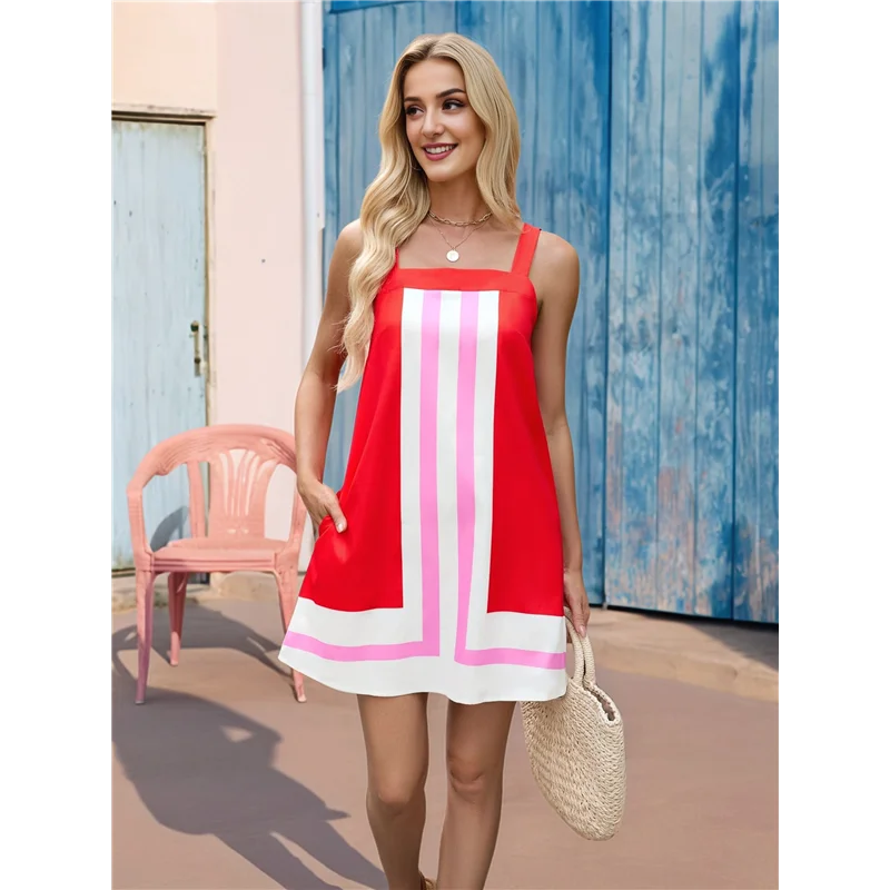 ABRT - Damska Sukienka Mini w Paski Boho na Ramiączkach Letnia Sukienka Plażowa