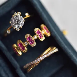 Fashion New Pink Zircon Geometric Adjustable Ring for Women Korean Personalized Stainless Steel Ring Jewelry Accessories Gift