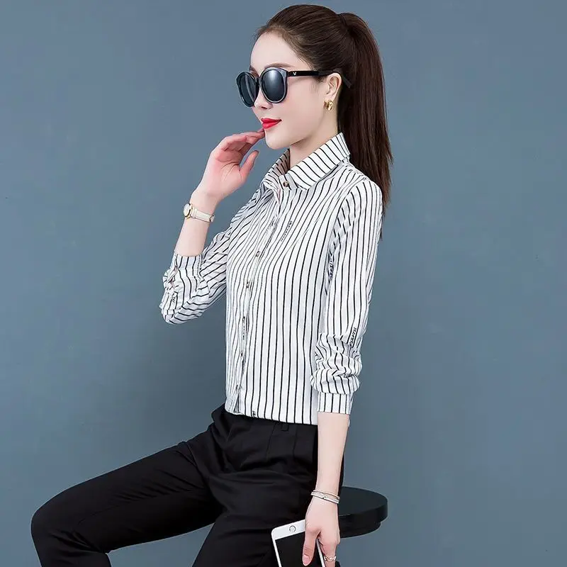 Women Spring Simplicity Office Lady Striped Square Neck Long Sleeve Shirts Women Clothes Casual All-match Appear Thin Trend Tops