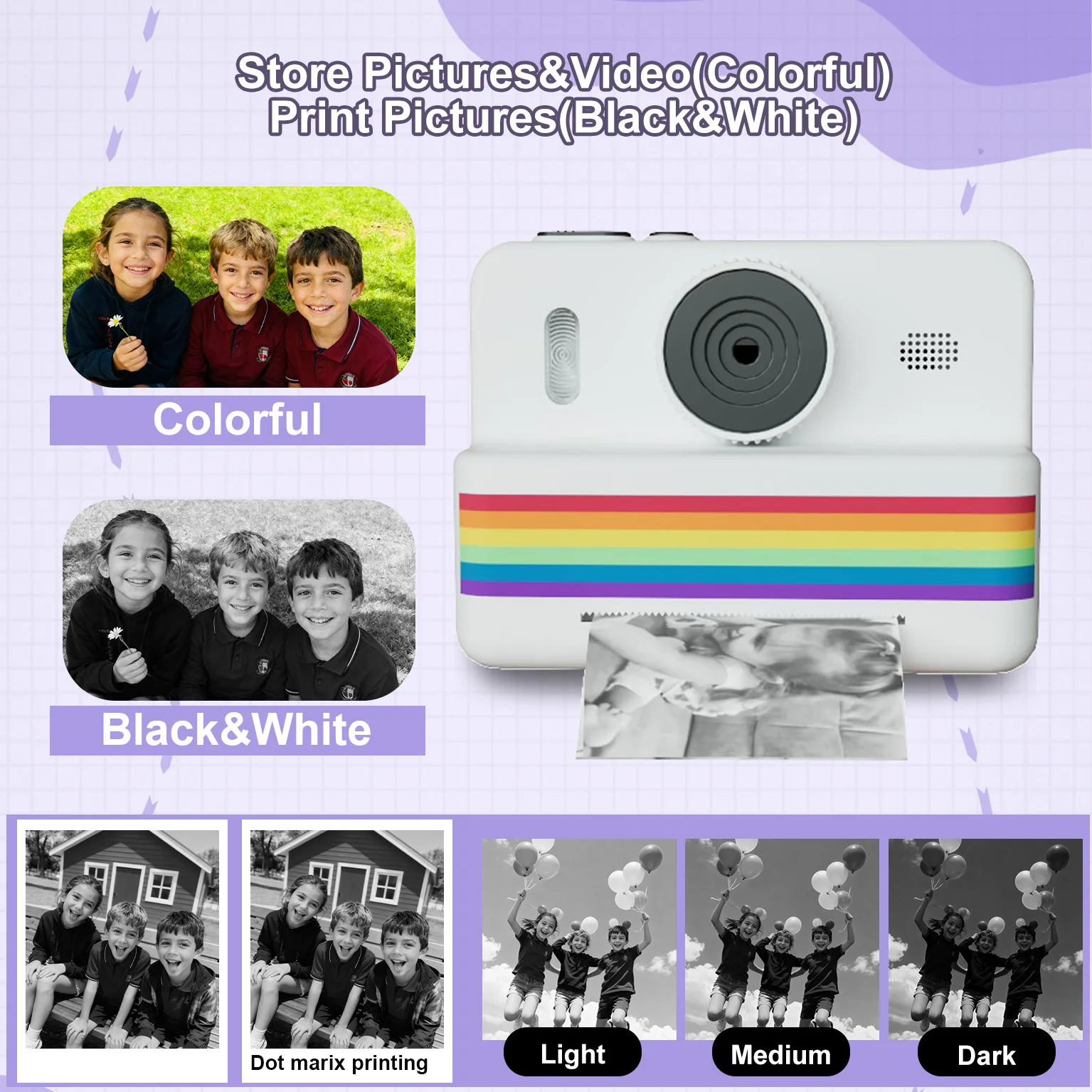 Aparat natychmiastowy, aparat selfie z podwójnym obiektywem (przód/tył) dla dzieci z nagrywaniem wideo 1080P, prezenty świąteczne i urodzinowe dla chłopców i dziewcząt w wieku 4+, przenośny aparat.