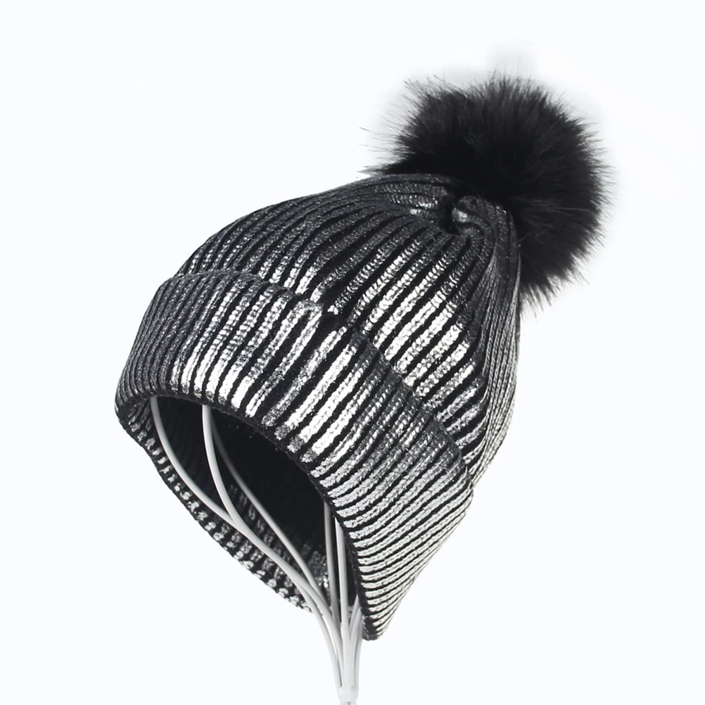 

Gold Stitched Knit Hat Shiny Beanie Metallic Silver Skull Cap Pompom Autumn Winter Women Pom Pom Beanie Warm Comfort Soft
