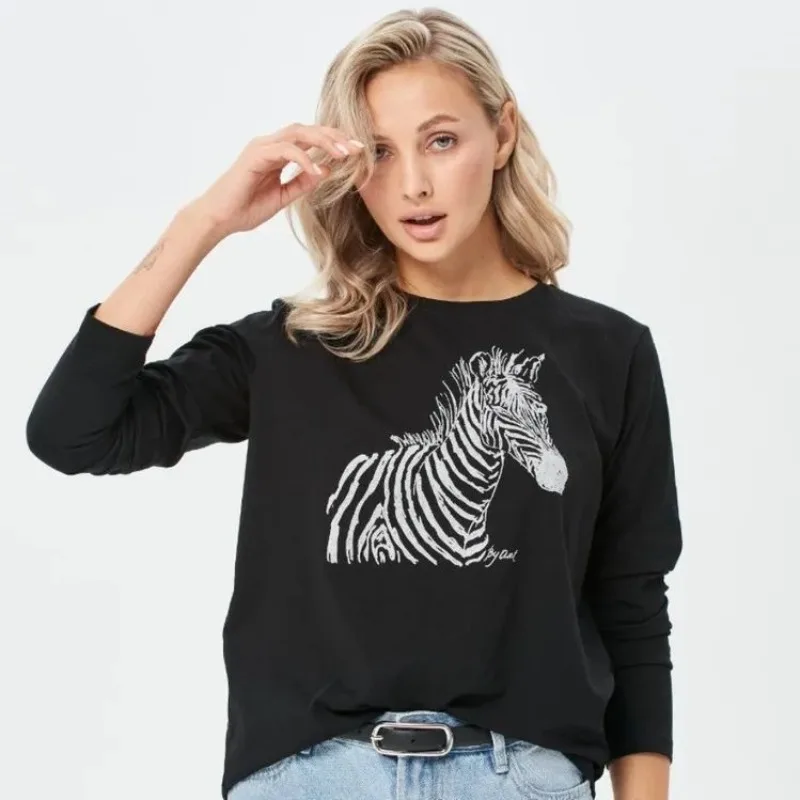 قمصان قطنية نقية طويلة الأكمام متعة زيبرا مطبوعة سوداء رقيقة بلوزات النساء الشارع الشهير تصميم القمم العصرية الخريف المرأة أنيقة #2