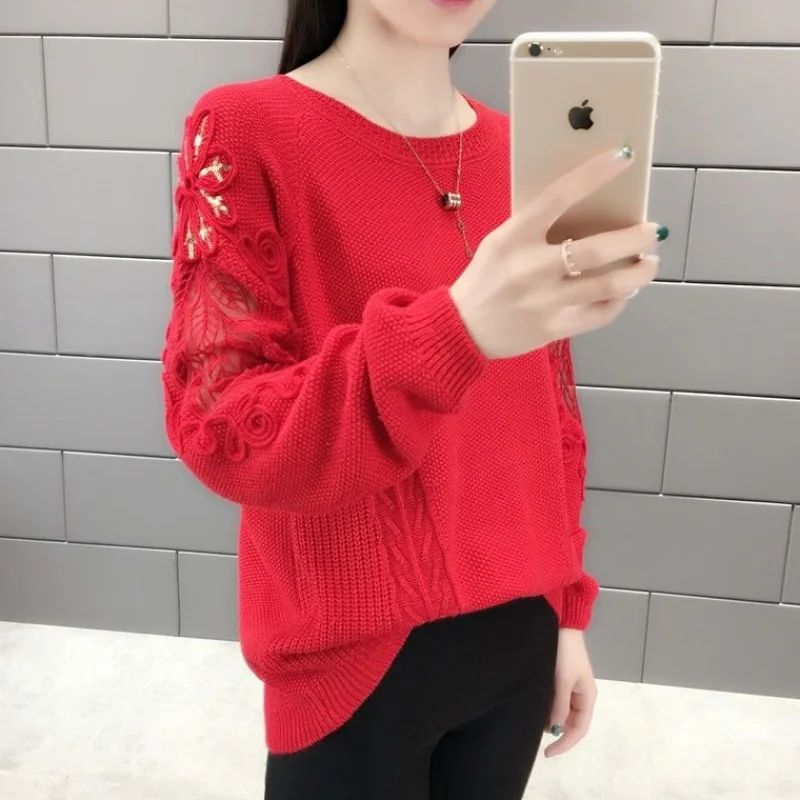 Fashion O-Neck Spliced Knitted Gauze Lace Hollow Out Sweater Women Clothing 2024 Spring New Casual Pullovers Loose Commute Tops