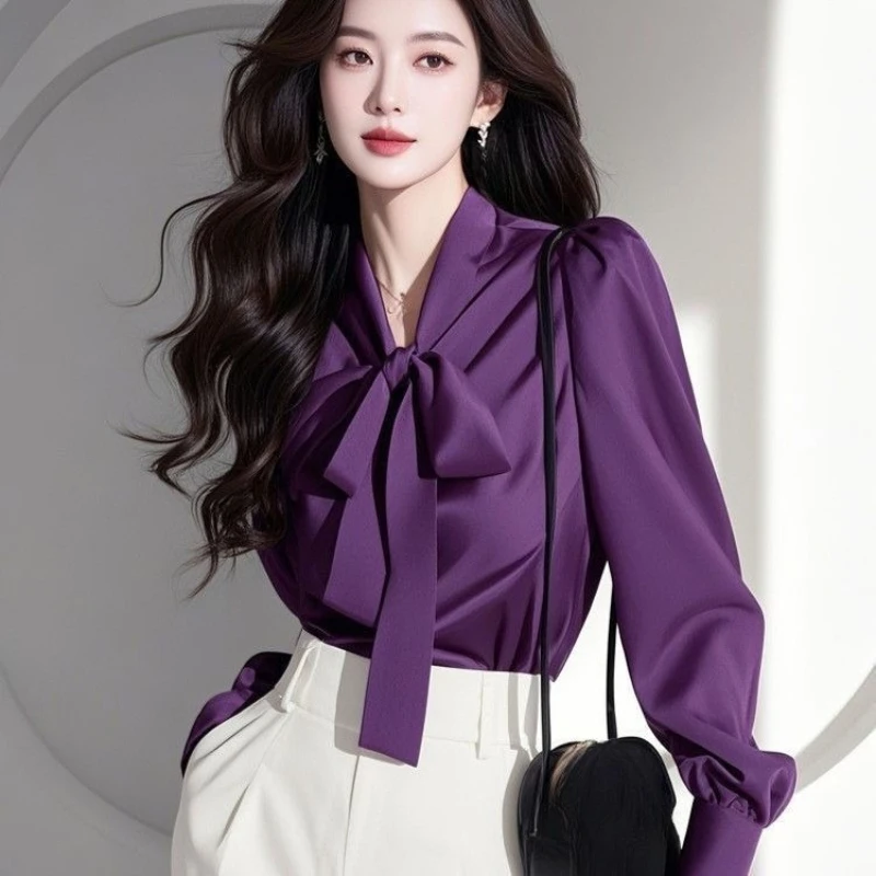 

Spring Fall Women Full Sleeve Butterfly Purple Full Sleeeve Imitation Silk Top Shirt , Woman Elegant Office Ladies Tops Shirts