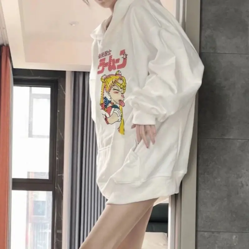 NASAOVER Sailor Moon Sweter Bertudung Lengan Panjang Mantel Atasan Kartun Longgar Wanita, Sweter Longgar Berkerudung Pria dan Wanita