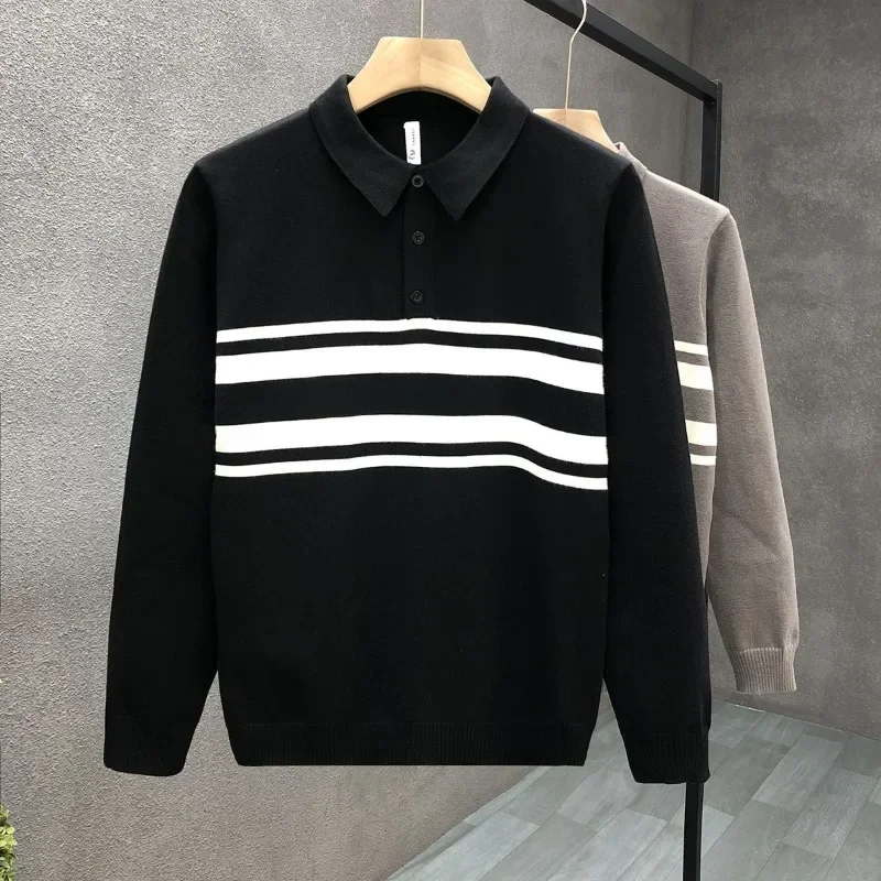 

Polo Sweater Jacket Men's Knitted Sweaters New Autumn Winter Tops Long Sleeves Buttons Striped Turn Down Collar Pullover
