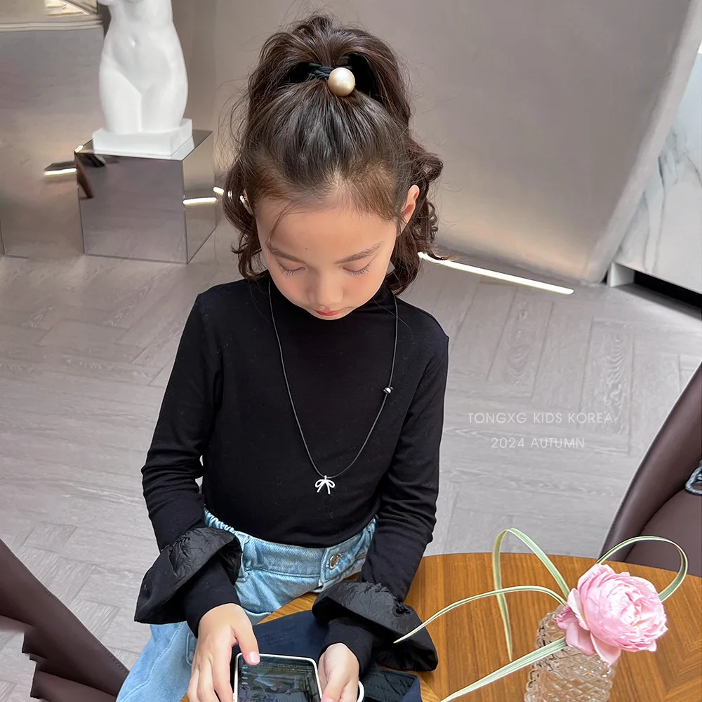 

Girls Top 2024 Autumn New Childrens Wear Korean Style Girl Baby Foreign Half High Neck Flared Cuff Long Sleeve Shirt Casual